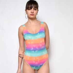 Vintage Rainbow Star Prints One Piece Swimsuit L